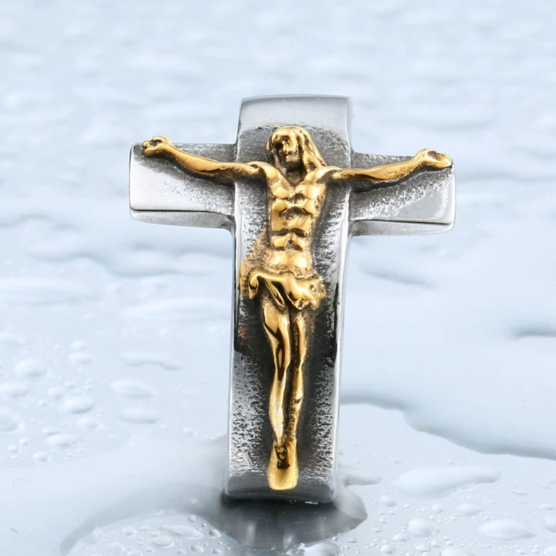 Amen Artisan Vintage Cross Jesus Crucifix Titanium Steel Ring