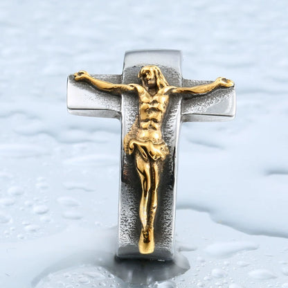Amen Artisan Vintage Cross Jesus Crucifix Titanium Steel Ring