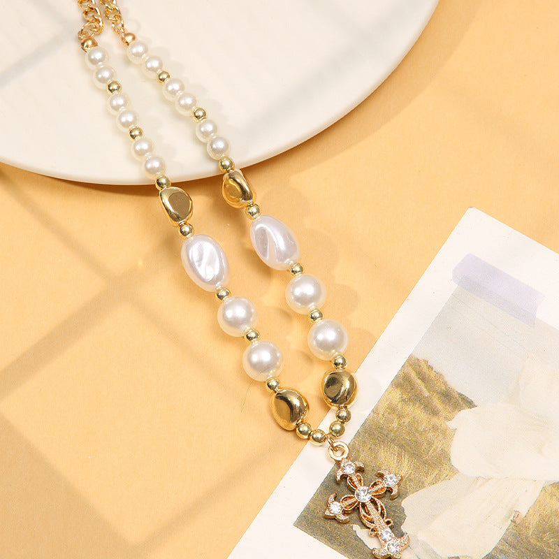 Vintage Pearl and Rhinestone Cross Necklace