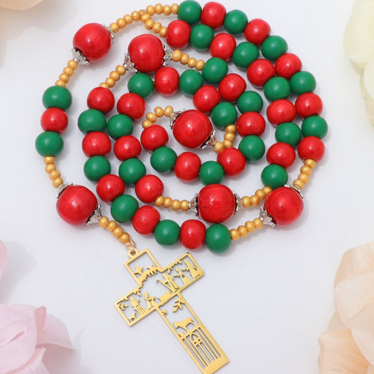 Nativity Birth of Jesus Rosary – Christmas Red & Green Wood Beads