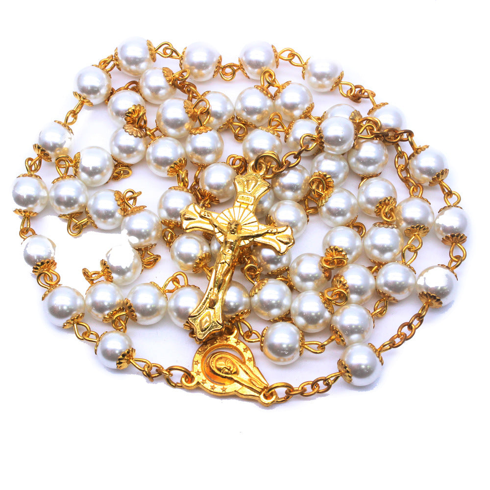 Gold Pearl Cross Rosary Necklace