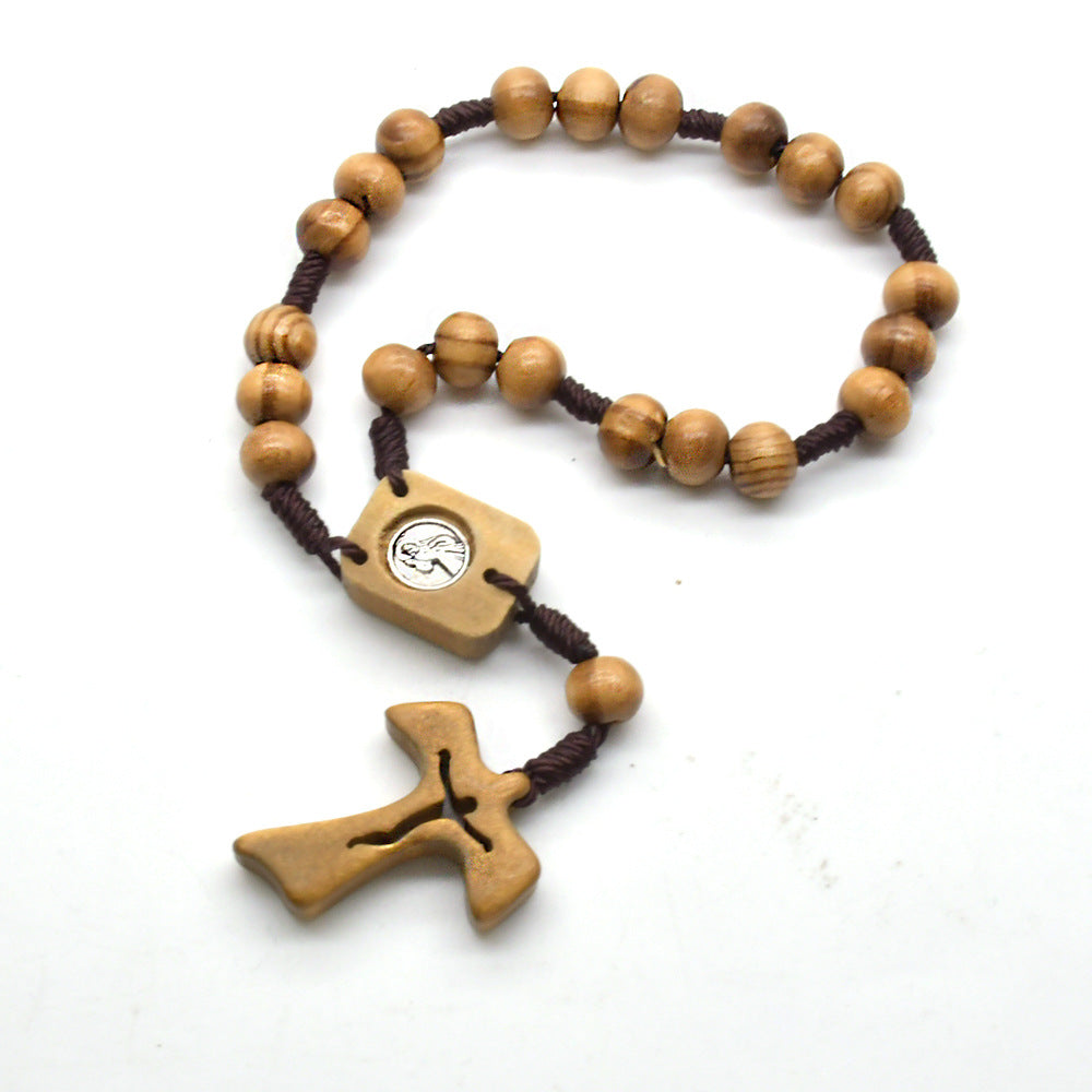 Cord-Wrapped Pinewood Bead Cross Rosary Bracelet