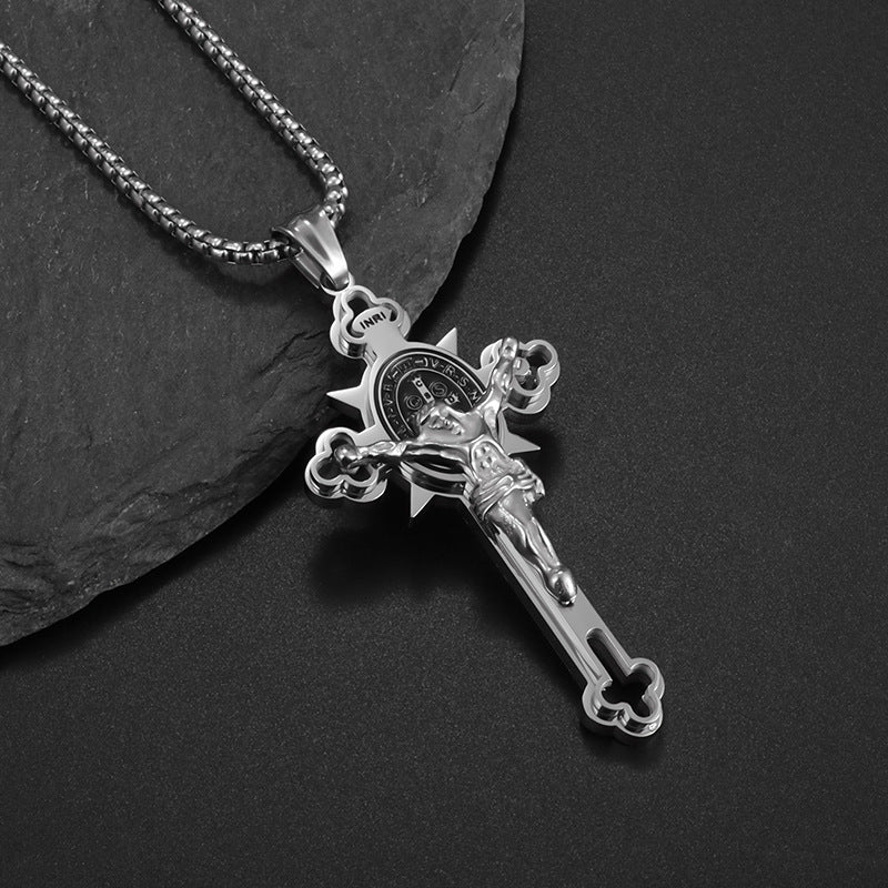 Saint Benedict Medal with Crucifix Stainless Steel Necklace