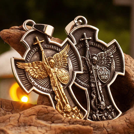 St Michael the Archangel Cross Pendant – Vintage Gold & Silver Necklace - Amen Artisan