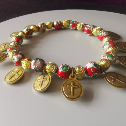 Cloisonné Beads Saint Medal Stretch Bracelet Amen Artisan
