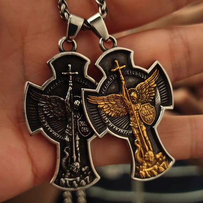 St Michael the Archangel Cross Pendant – Vintage Gold & Silver Necklace - Amen Artisan