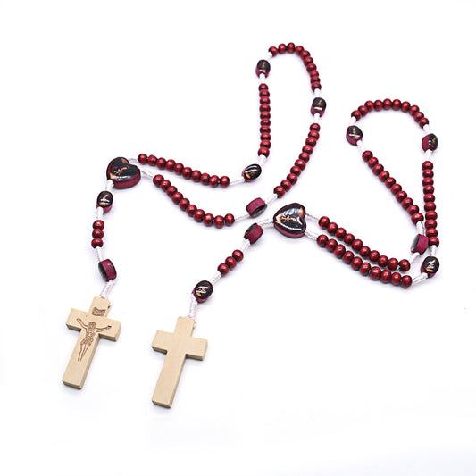 Burgundy Wooden Bead Handmade Woven Cross Rosary Necklace