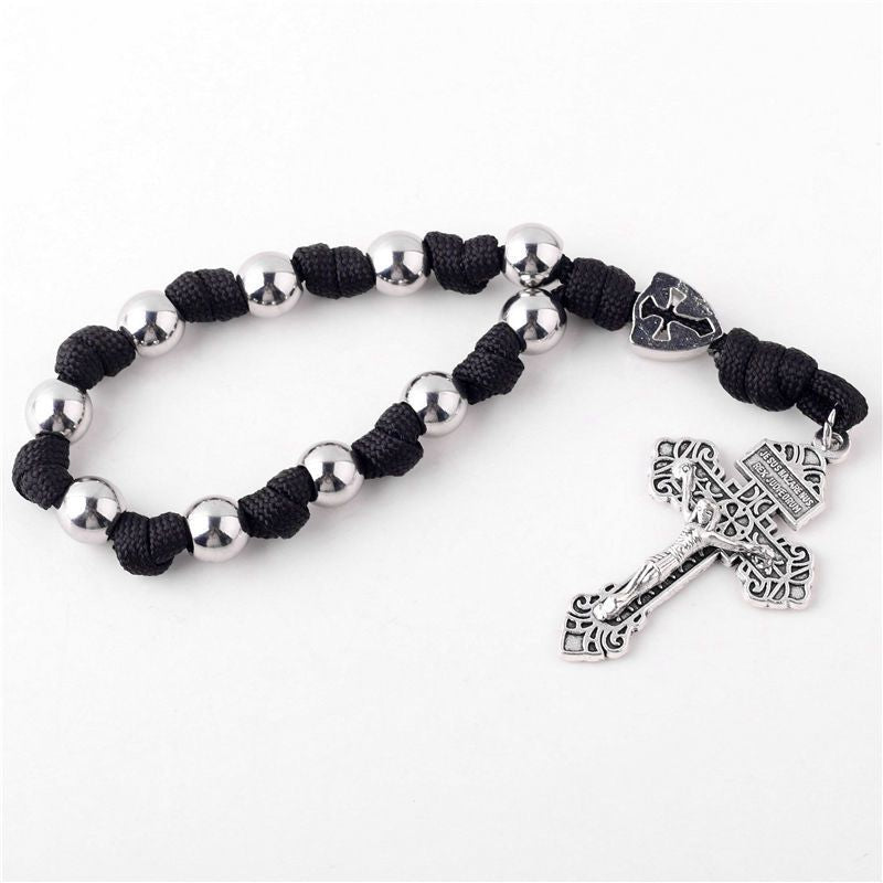 Handcrafted Braided Cord Rosary Cross Car Hanging Bracelet