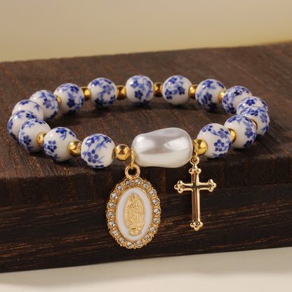 Blue and White Pottery Beads & Baroque Pearl Elastic Cord Cross Bracelet