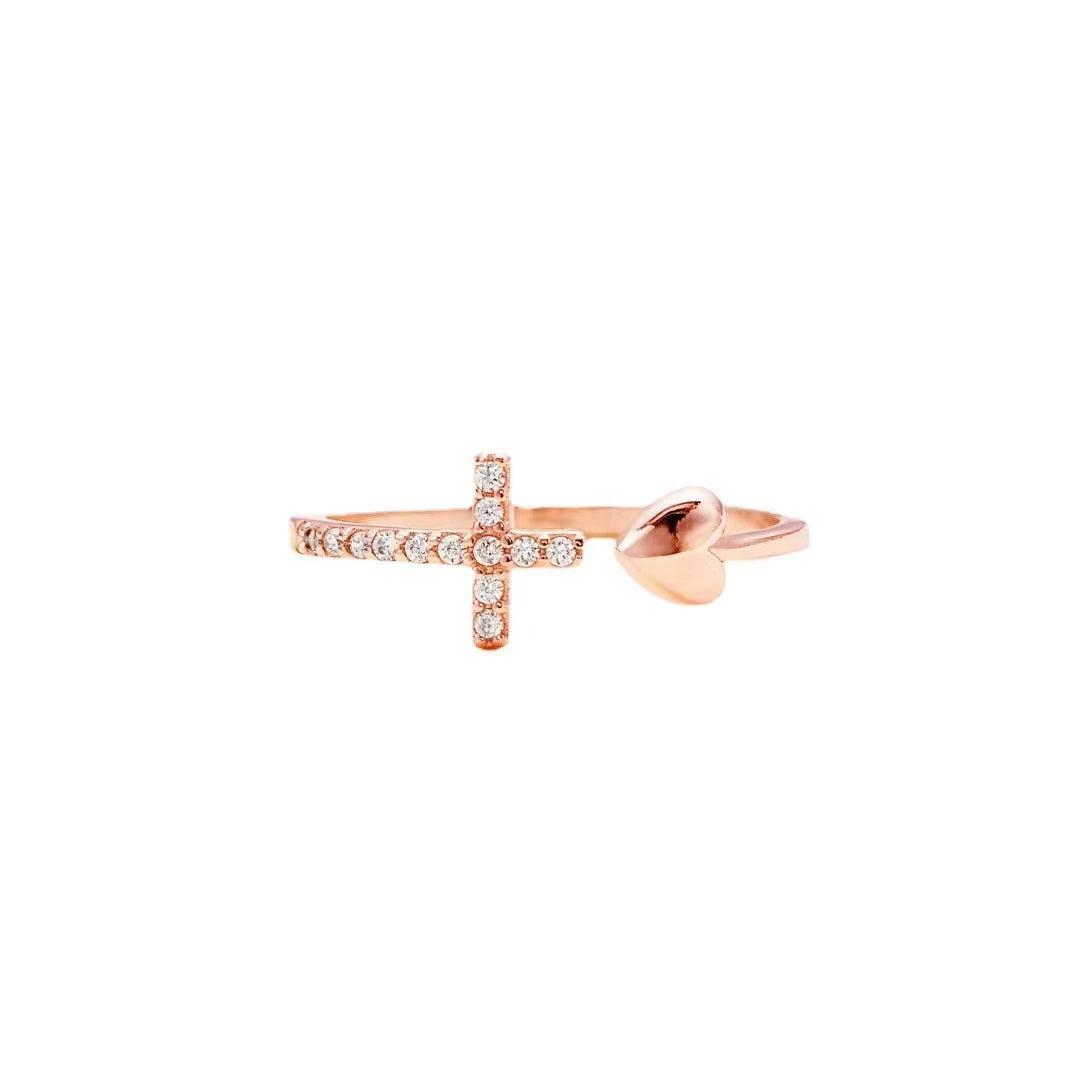 Anillo artesanal de circonita cúbica con forma de corazón y cruz Amen
