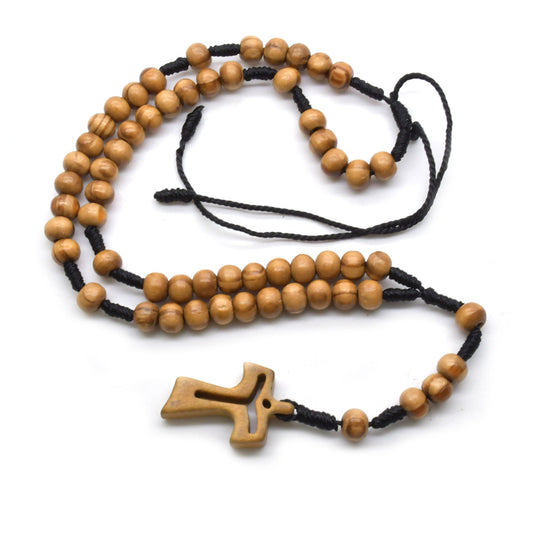 Wooden Cross Handmade Braided Cord Rosary Necklace