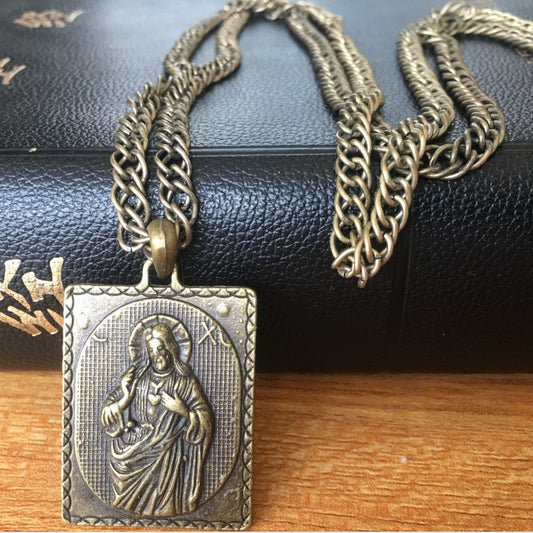 Vintage Sacred Heart Jesus Pendant Necklace – Bronze Finish Amen Artisan