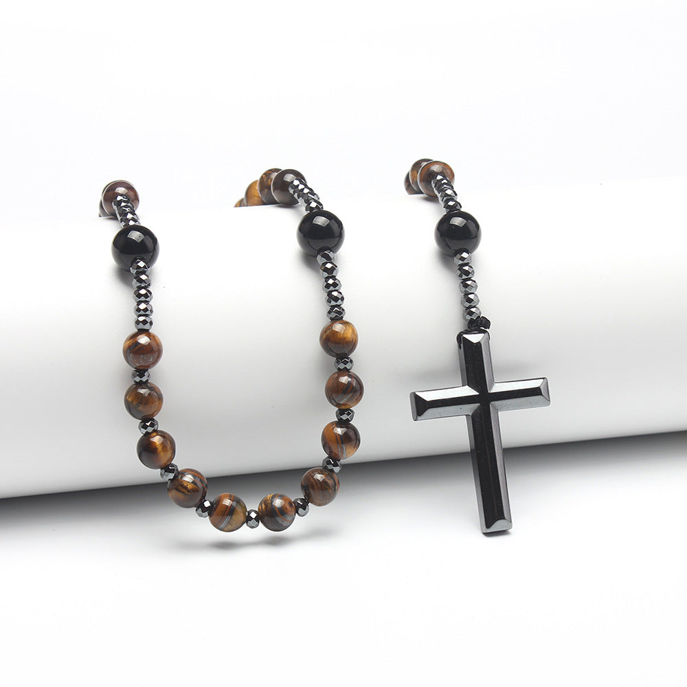 Black Natural Bead Long Necklace with Black Onyx Cross Rosary