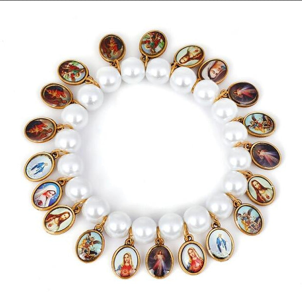 Catholic Saints & Virgin Mary Pearl Charm Bracelet – 20 Medals Devotional Jewelry Amen Artisan