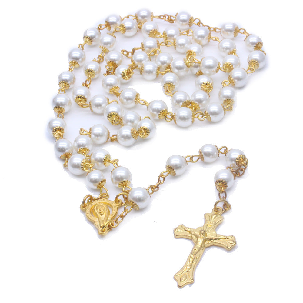 Car Hanging Gold Pearl Rosary Cross Necklace