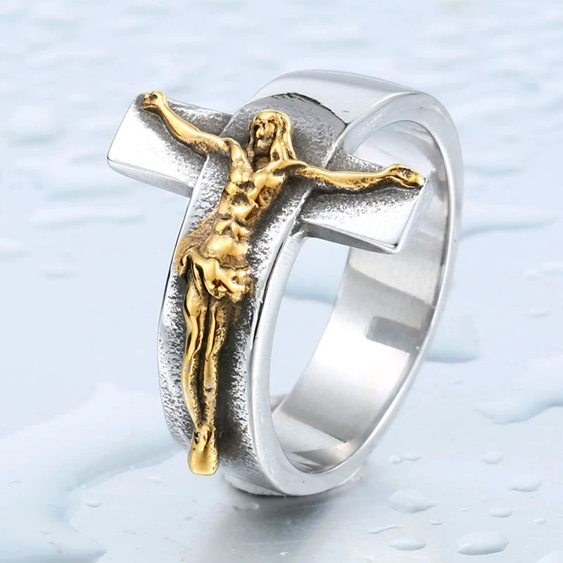 Amen Artisan Vintage Cross Jesus Crucifix Titanium Steel Ring