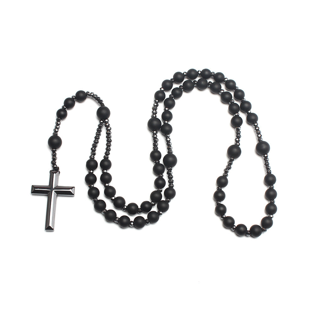 Black Natural Bead Long Necklace with Black Onyx Cross Rosary