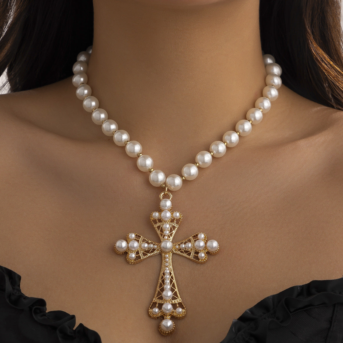 Cyber-Style Micro-Paved Rhinestone Large Cross Choker Necklace