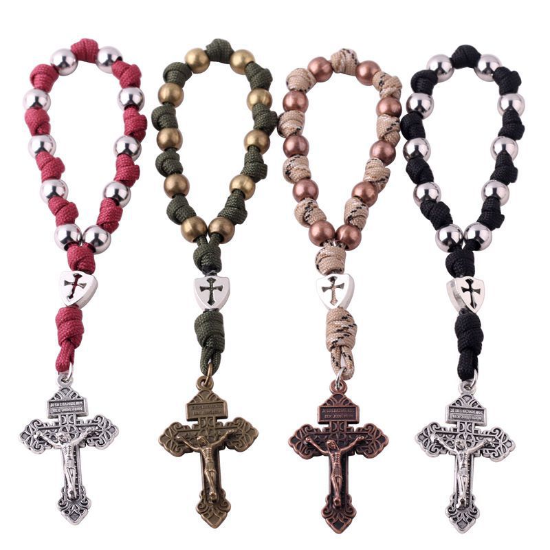 Handcrafted Braided Cord Rosary Cross Car Hanging Bracelet