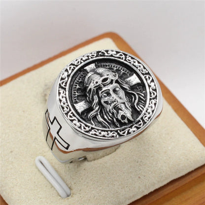 Anillo de acero de titanio con retrato de Jesús y cruz vintage artesanal de Amén