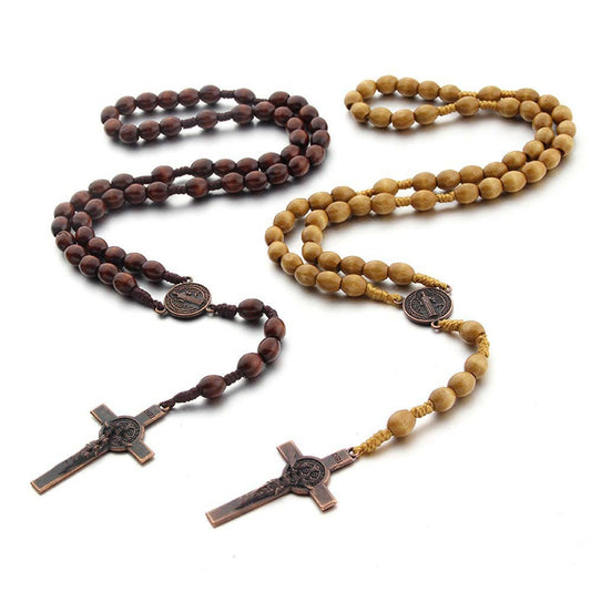 Handmade String Brown Wooden Bead Cross Rosary Necklace