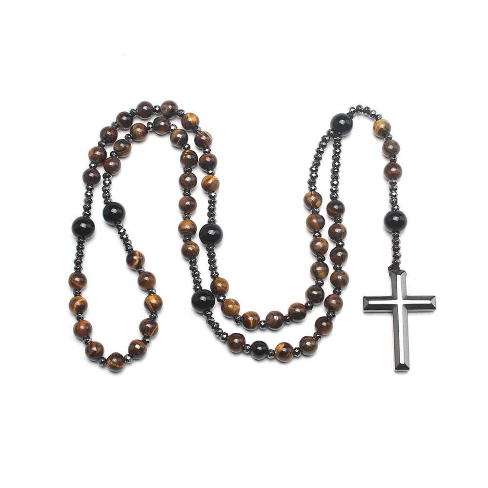 Black Natural Bead Long Necklace with Black Onyx Cross Rosary