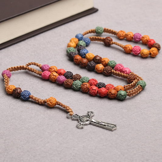 Multi-Color Carved Rose Rosary - Elegant and Vibrant Prayer Beads