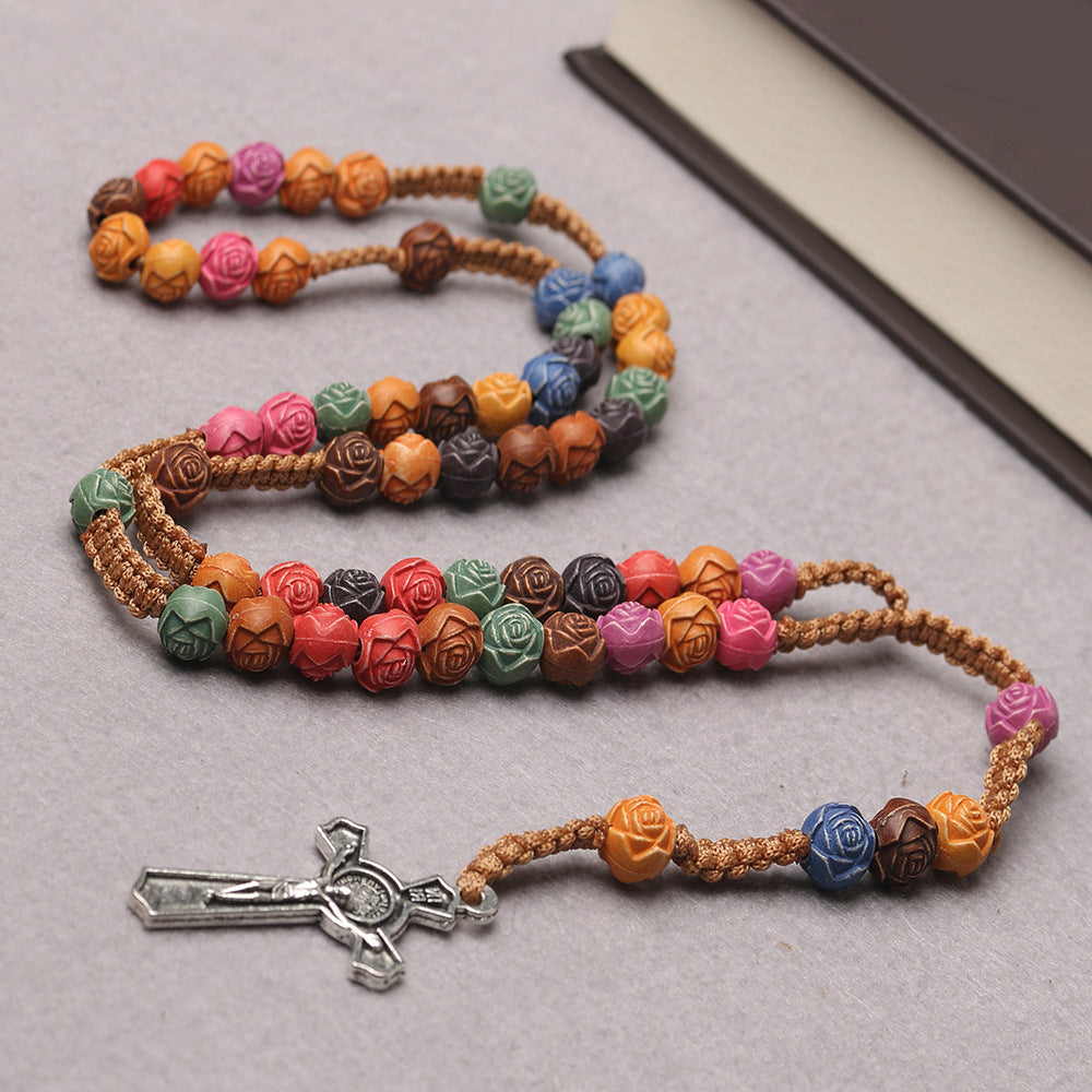 Multi-Color Carved Rose Rosary - Elegant and Vibrant Prayer Beads