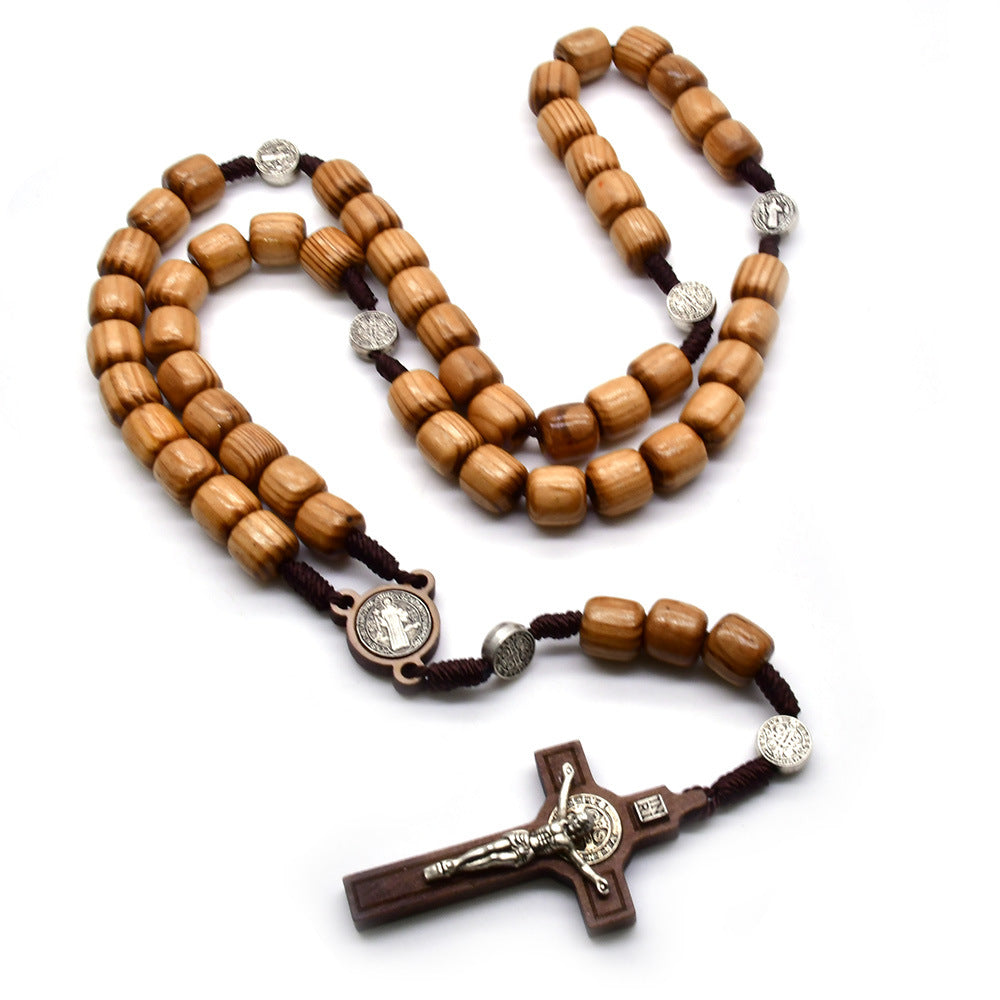 Pillar Pine Wood Bead Cross Necklace