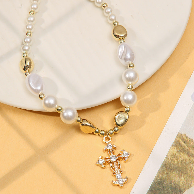 Vintage Pearl and Rhinestone Cross Necklace