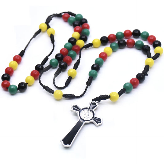 Braided Cord Colorful Bead Cross Rosary Necklace