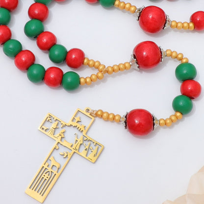 Nativity Birth of Jesus Rosary – Christmas Red & Green Wood Beads