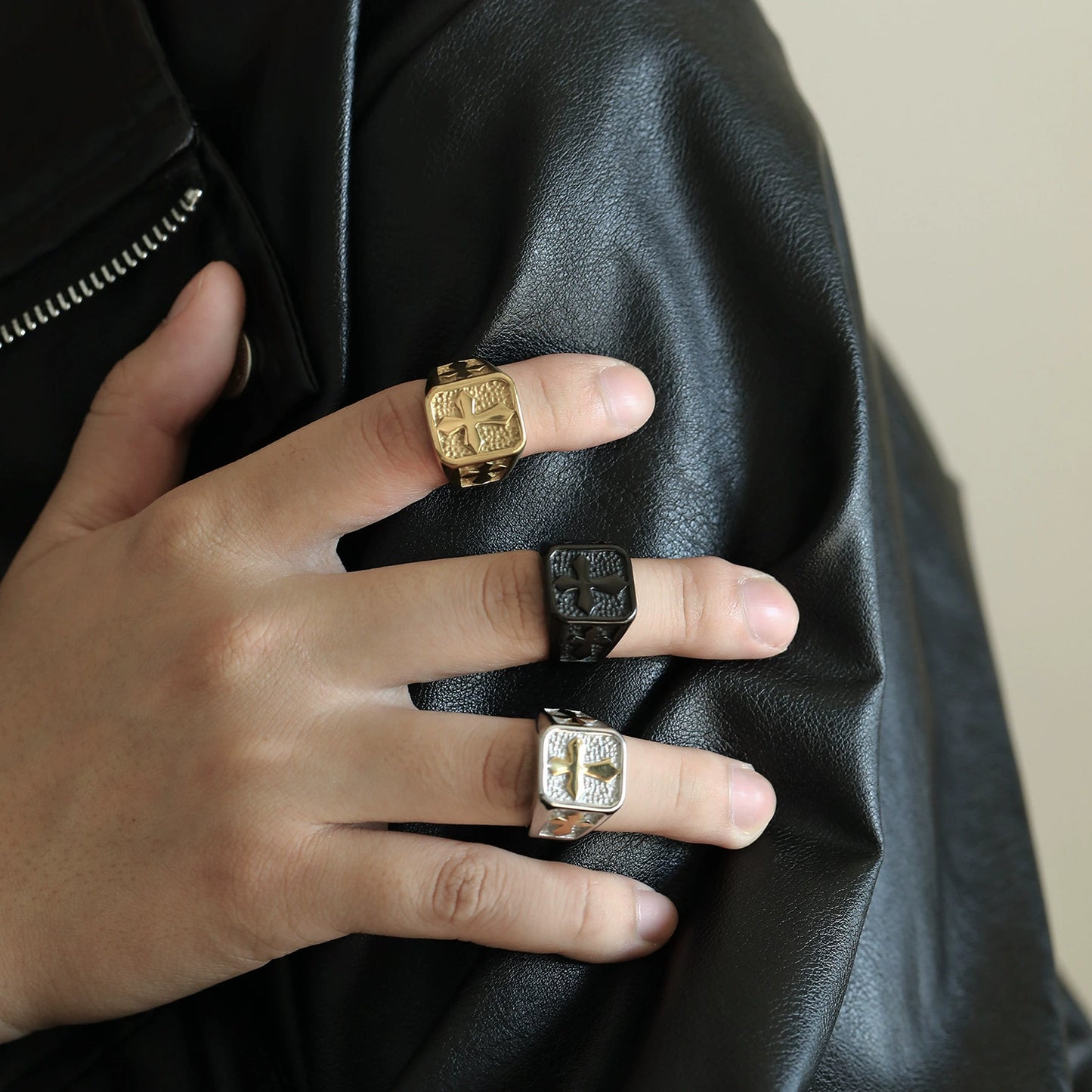 Amen Artisan Vintage Cross Stone Texture Titanium Steel Ring