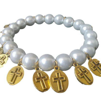 Catholic Saints & Virgin Mary Pearl Charm Bracelet – 20 Medals Devotional Jewelry Amen Artisan