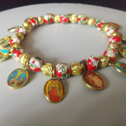 Cloisonné Beads Saint Medal Stretch Bracelet Amen Artisan