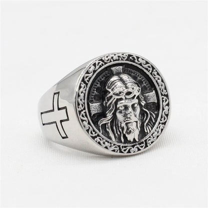 Anillo de acero de titanio con retrato de Jesús y cruz vintage artesanal de Amén