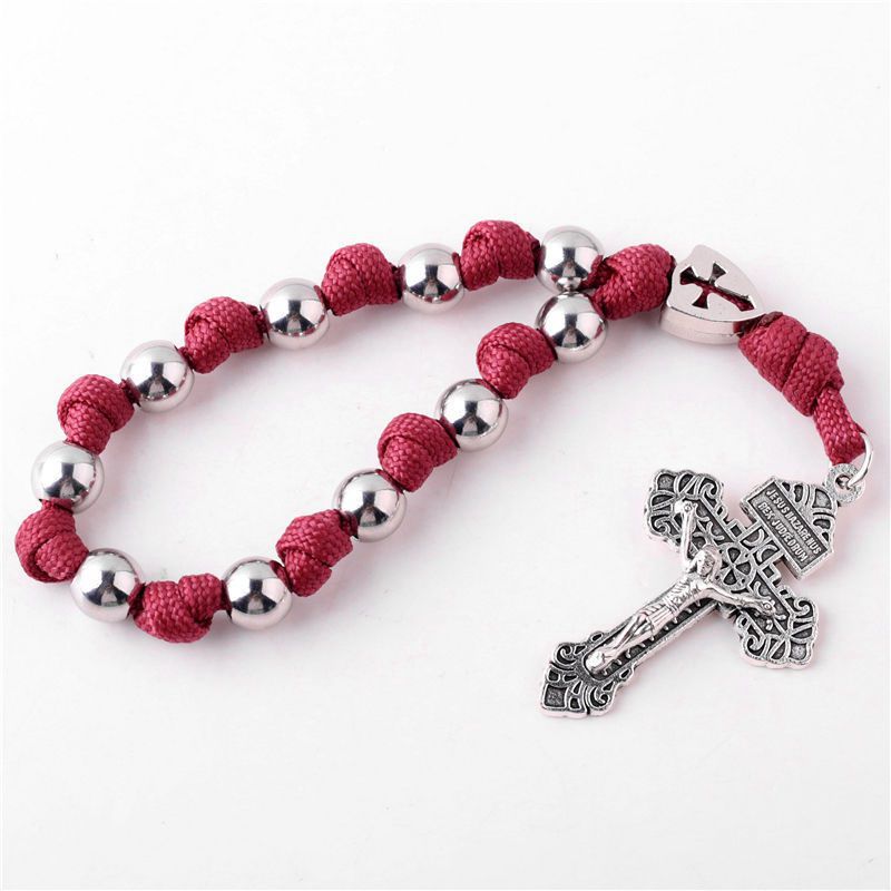 Handcrafted Braided Cord Rosary Cross Car Hanging Bracelet