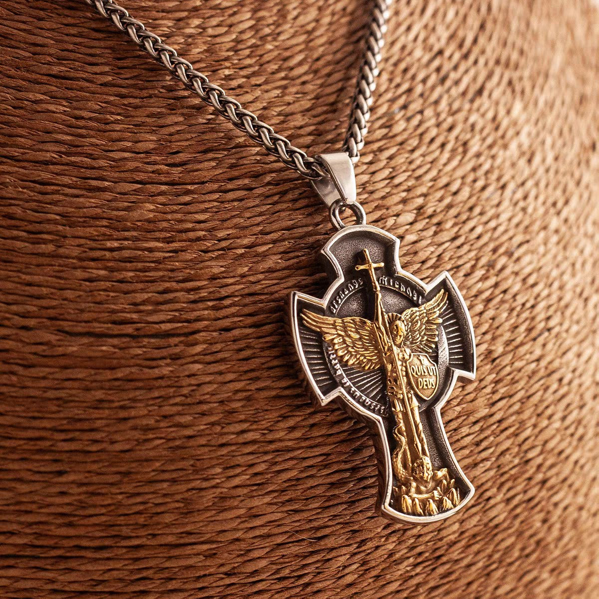 St Michael the Archangel Cross Pendant – Vintage Gold & Silver Necklace - Amen Artisan