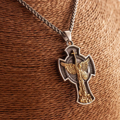 St Michael the Archangel Cross Pendant – Vintage Gold & Silver Necklace - Amen Artisan