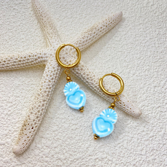 Aqua Blue Ceramic Sacred Heart Dangle Hoop Earrings – Gold Stainless Steel, Waterproof & Hypoallergenic