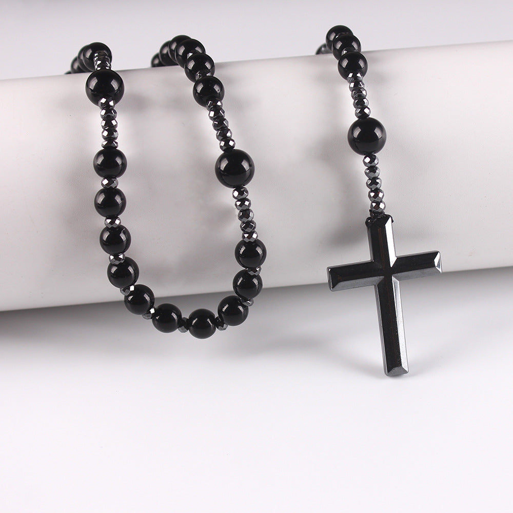 Black Natural Bead Long Necklace with Black Onyx Cross Rosary