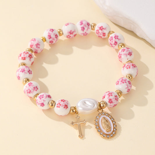 Blue and White Pottery Beads & Baroque Pearl Elastic Cord Cross Bracelet