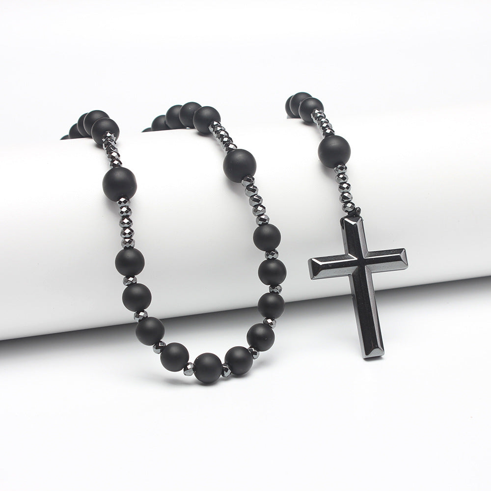 Black Natural Bead Long Necklace with Black Onyx Cross Rosary