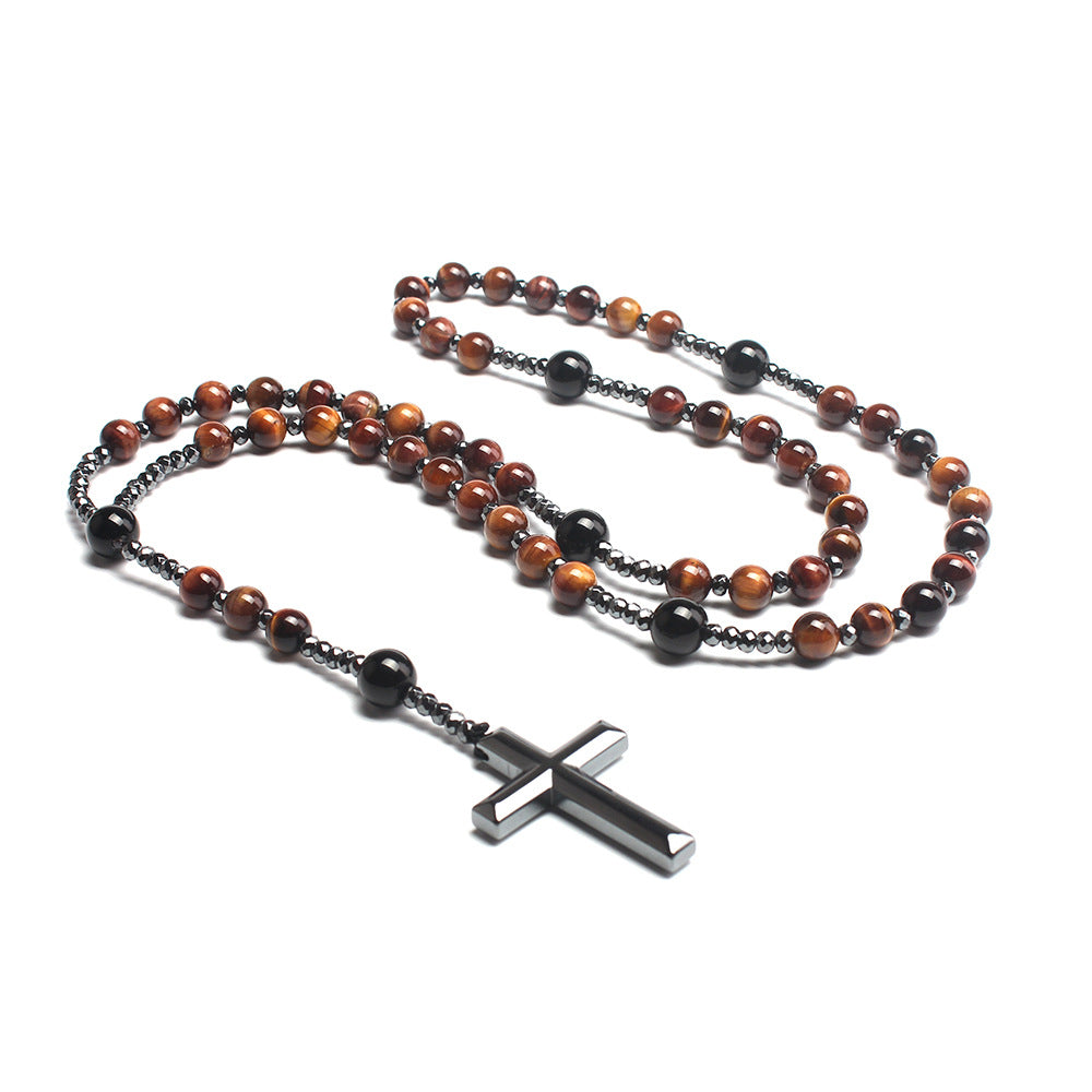 Black Natural Bead Long Necklace with Black Onyx Cross Rosary