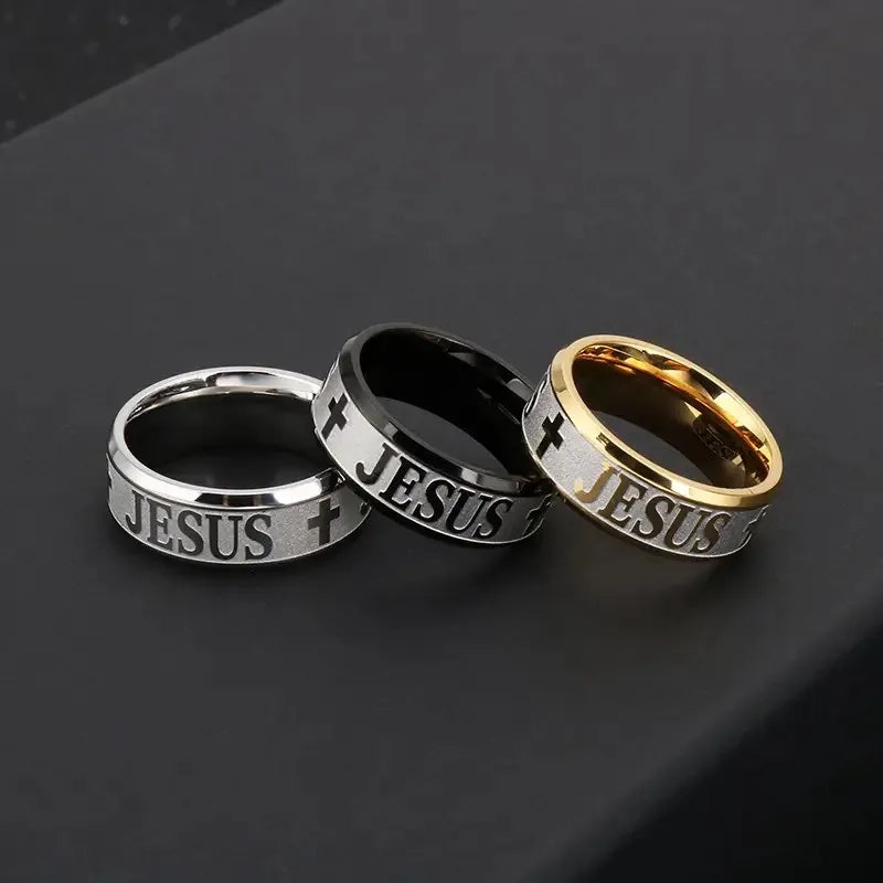 Anillo de acero de titanio con cruz de Jesús artesanal Amén