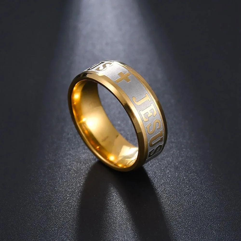 Anillo de acero de titanio con cruz de Jesús artesanal Amén