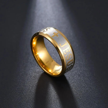 Anillo de acero de titanio con cruz de Jesús artesanal Amén