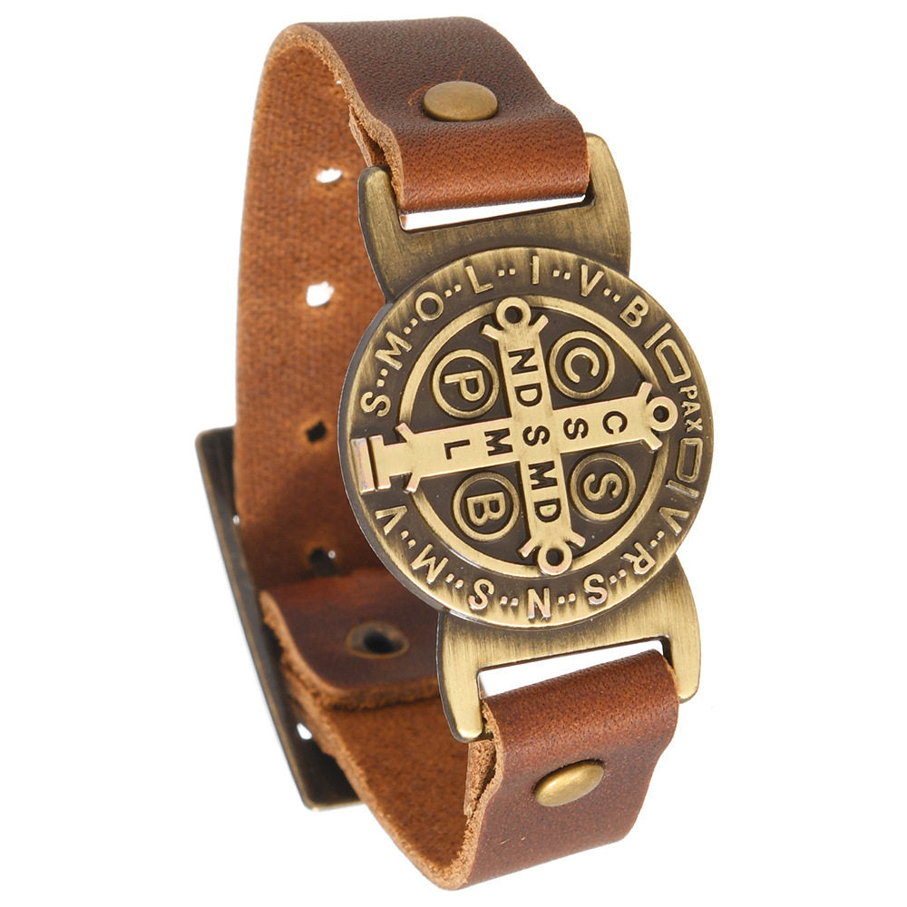【DEAL TODAY】St. Benedict Leather Cuff Bracelet with Large Medal — Protection