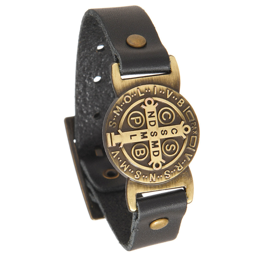 【DEAL TODAY】St. Benedict Leather Cuff Bracelet with Large Medal — Protection