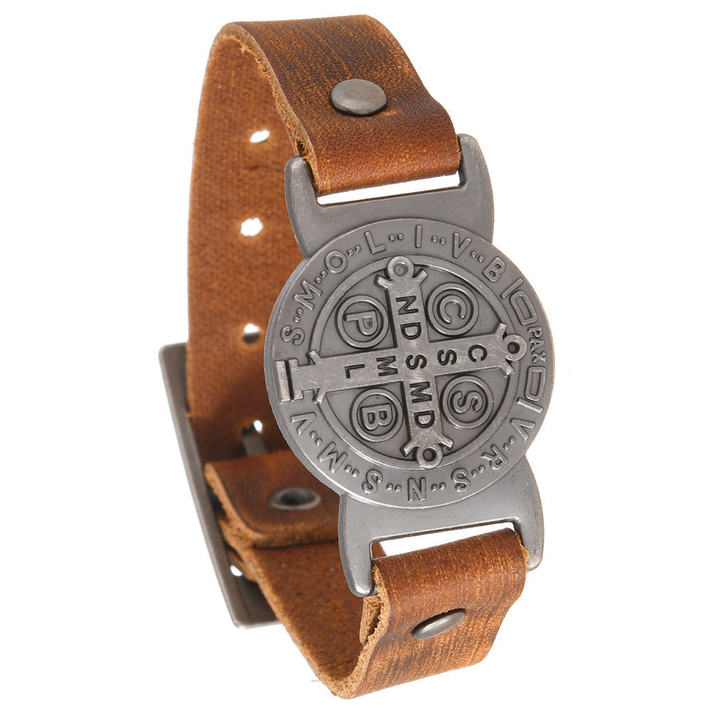 【DEAL TODAY】St. Benedict Leather Cuff Bracelet with Large Medal — Protection